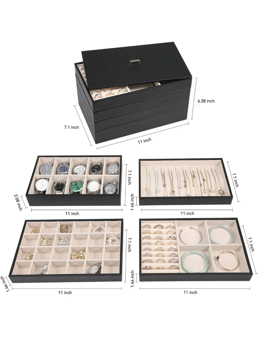 Voova Stackable Jewelry Organizer Tray with Lid (Set of 4, Black)